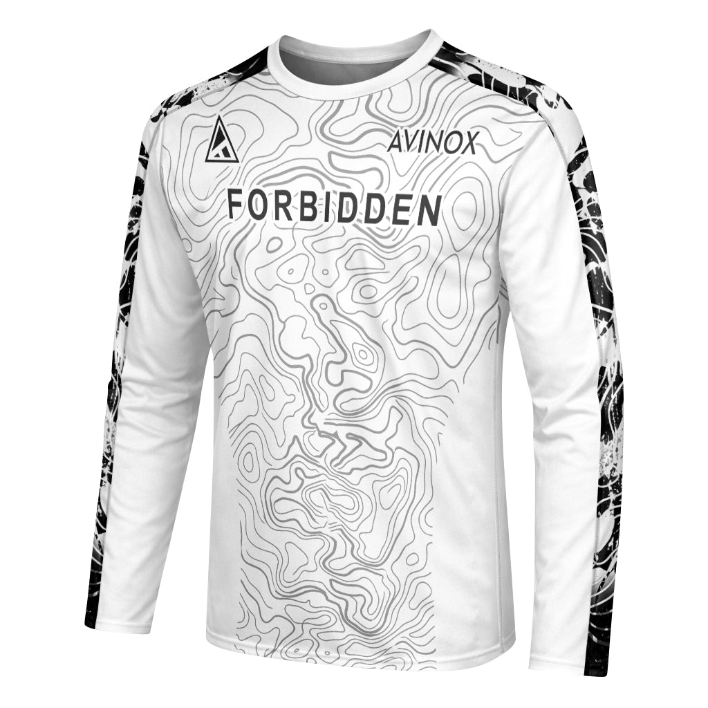 Forbidden White Black Topographic Long Sleeve Mountain Bike Jersey – Left Side View Mockup