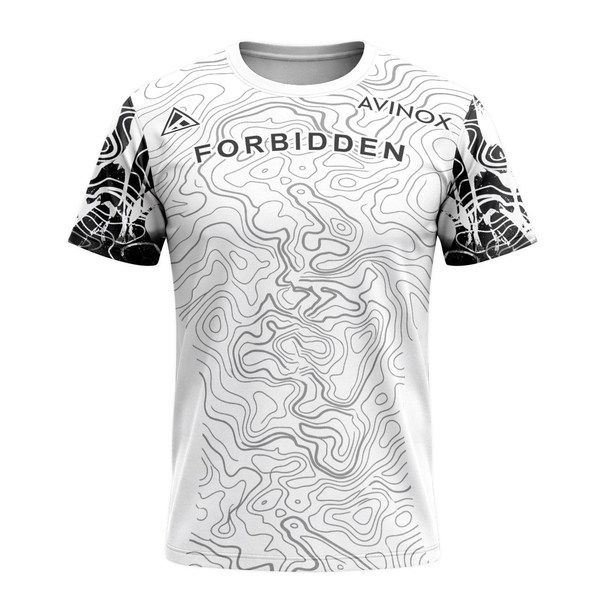 Forbidden White Black Topographic Short Sleeve Mountain Bike Jersey – Front View Mockup