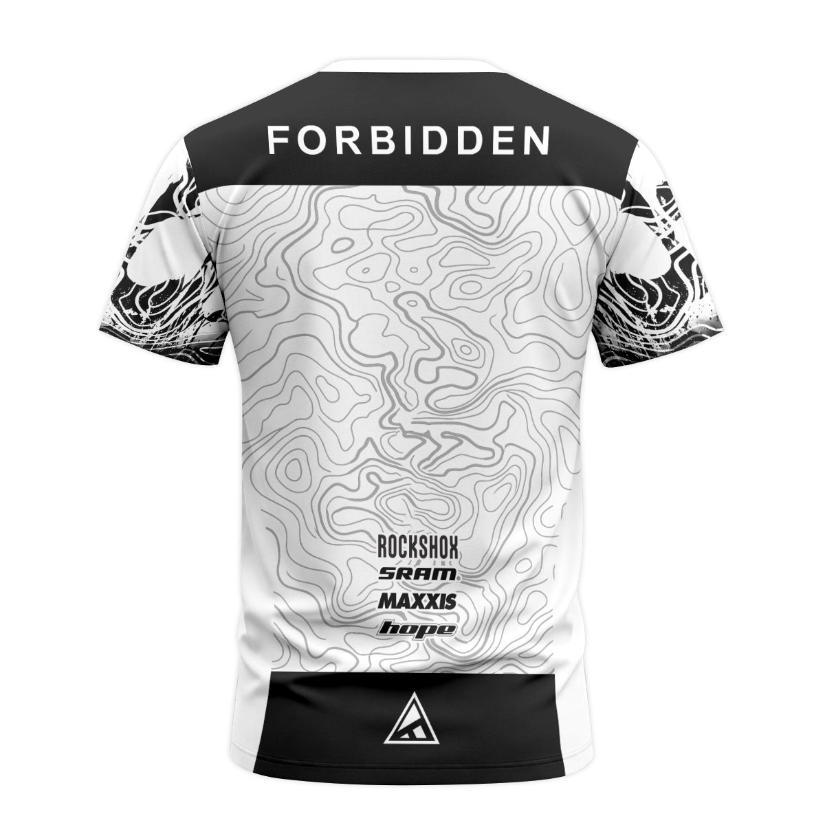 Forbidden White Black Topographic Short Sleeve Mountain Bike Jersey – Back View Mockup