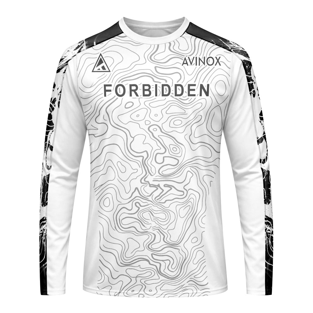 Forbidden White Black Topographic Youth Long Sleeve Mountain Bike Jersey – Front View Mockup