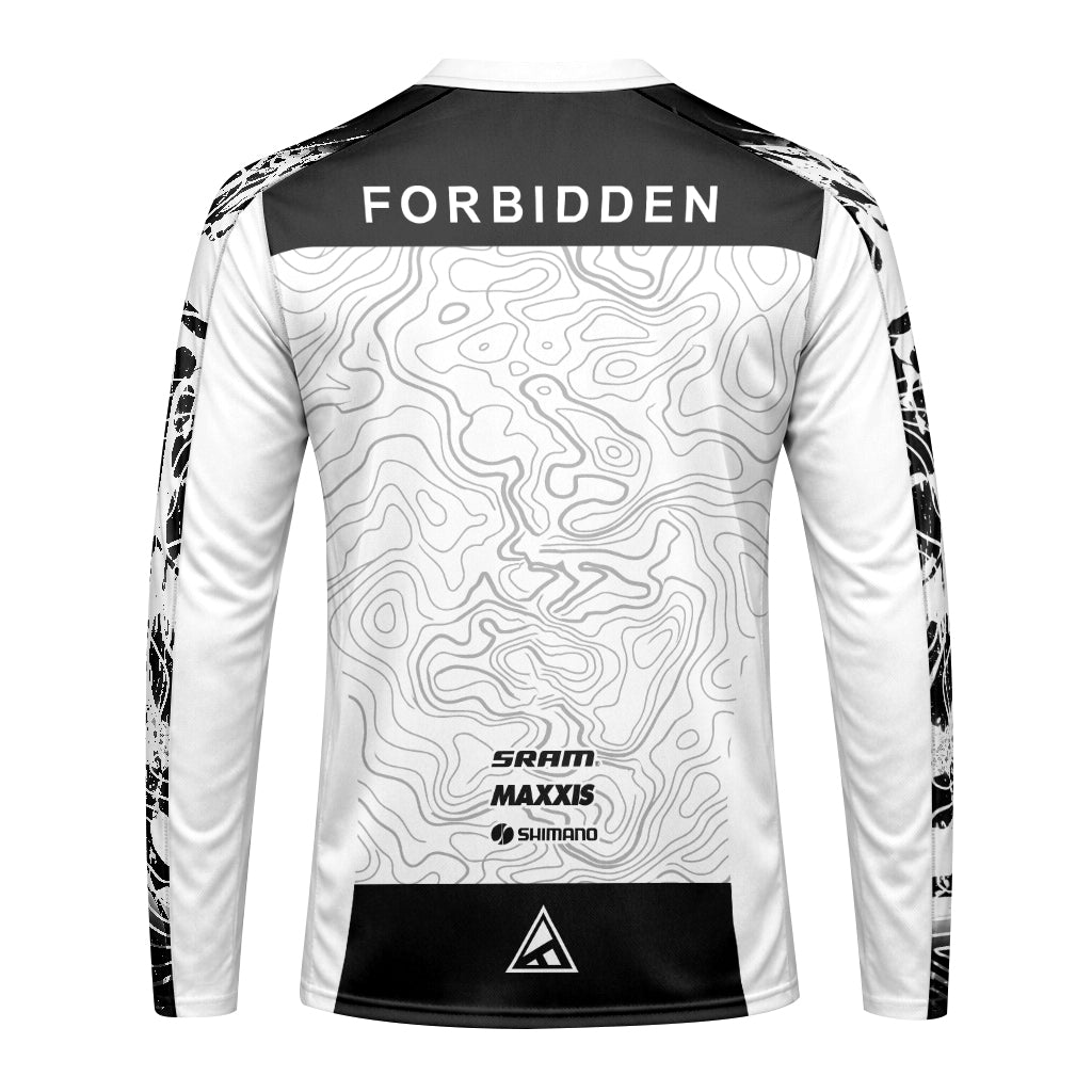 Forbidden White Black Topographic Youth Long Sleeve Mountain Bike Jersey – Back View Mockup
