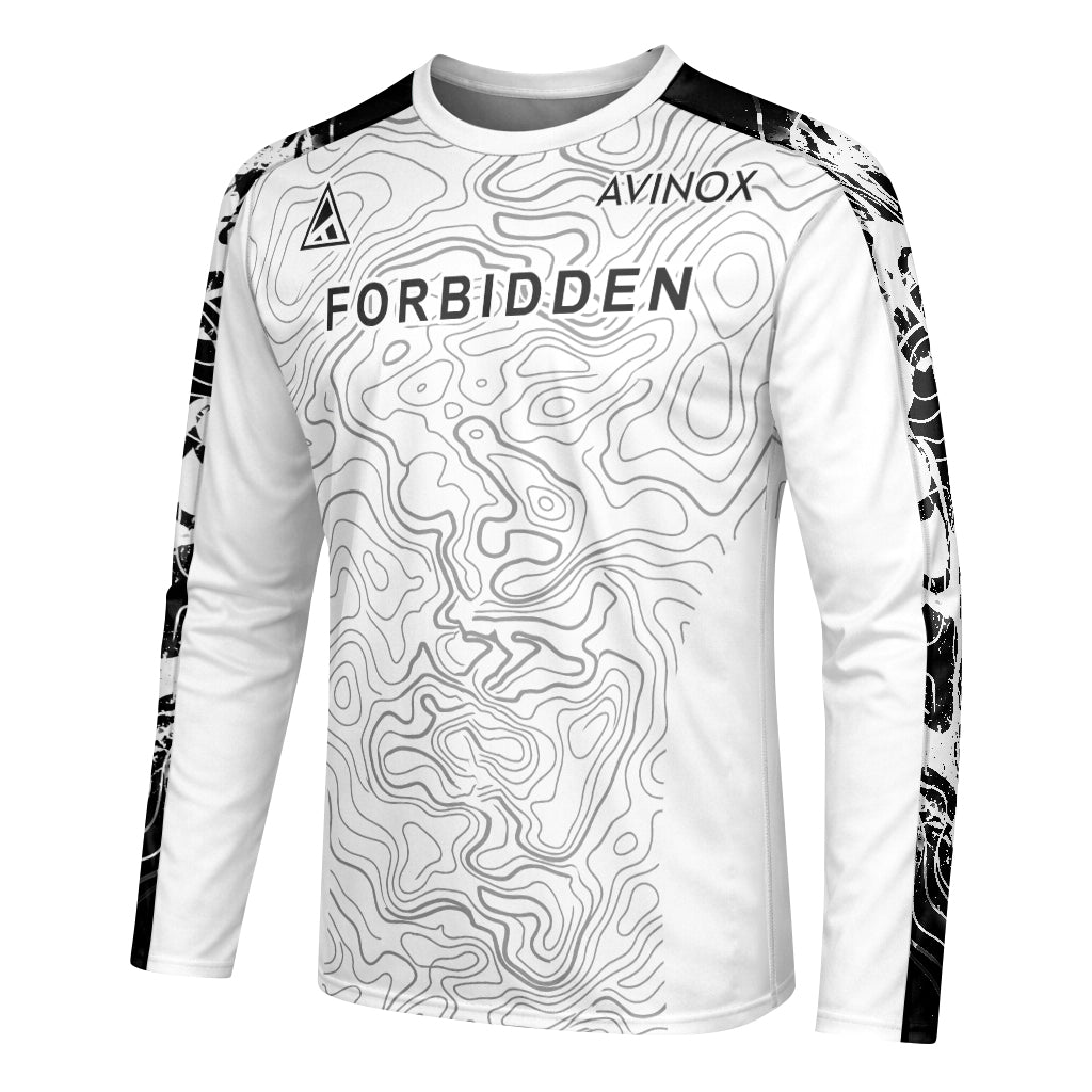 Forbidden White Black Topographic Youth Long Sleeve Mountain Bike Jersey – Left Side View Mockup