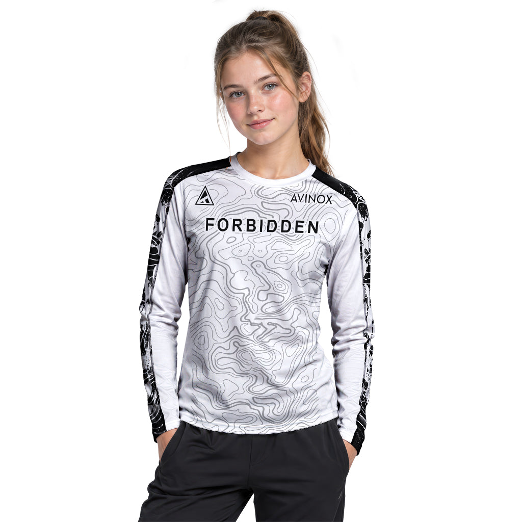 Forbidden White Black Topographic Youth Long Sleeve Mountain Bike Jersey – Girl Lifestyle View