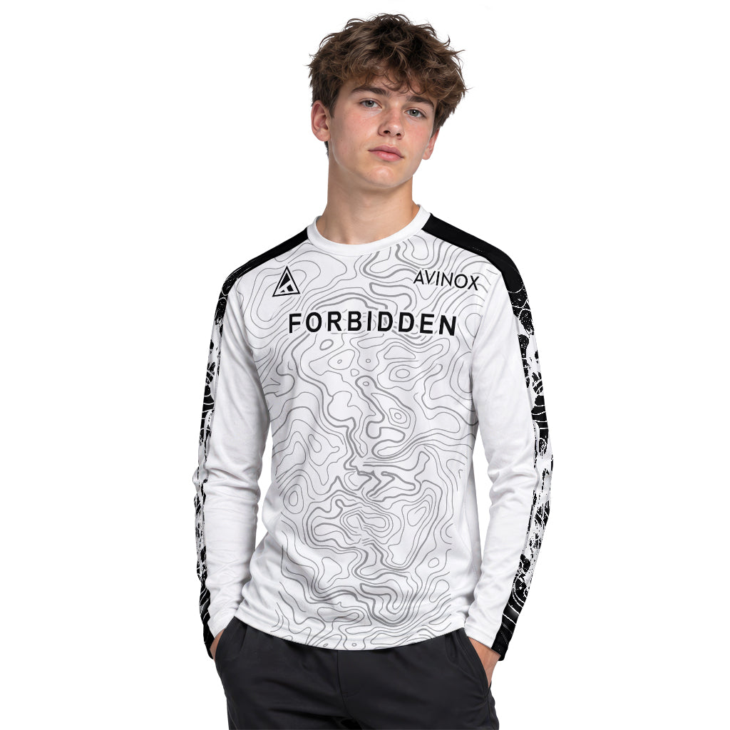 Forbidden White Black Topographic Youth Long Sleeve Mountain Bike Jersey – Boy Lifestyle View