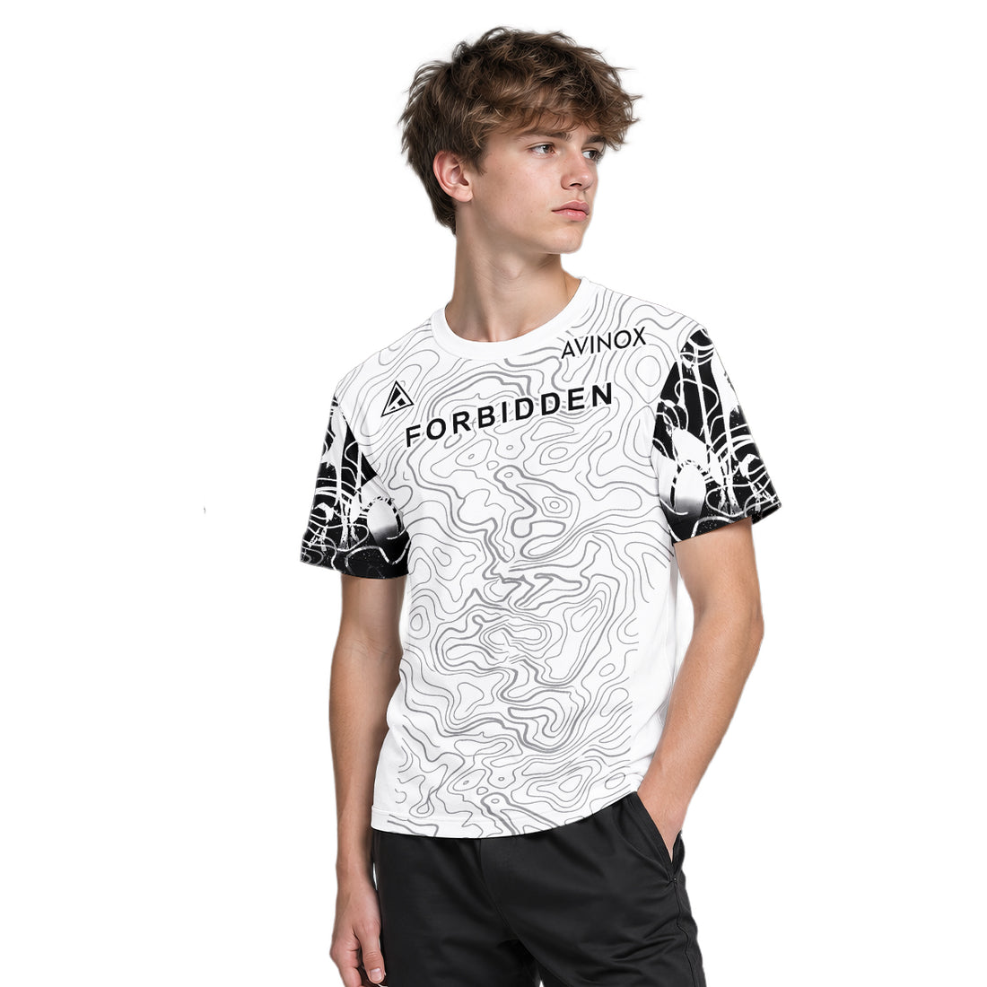 Forbidden White Black Topographic Youth Short Sleeve Mountain Bike Jersey – Boy Lifestyle View