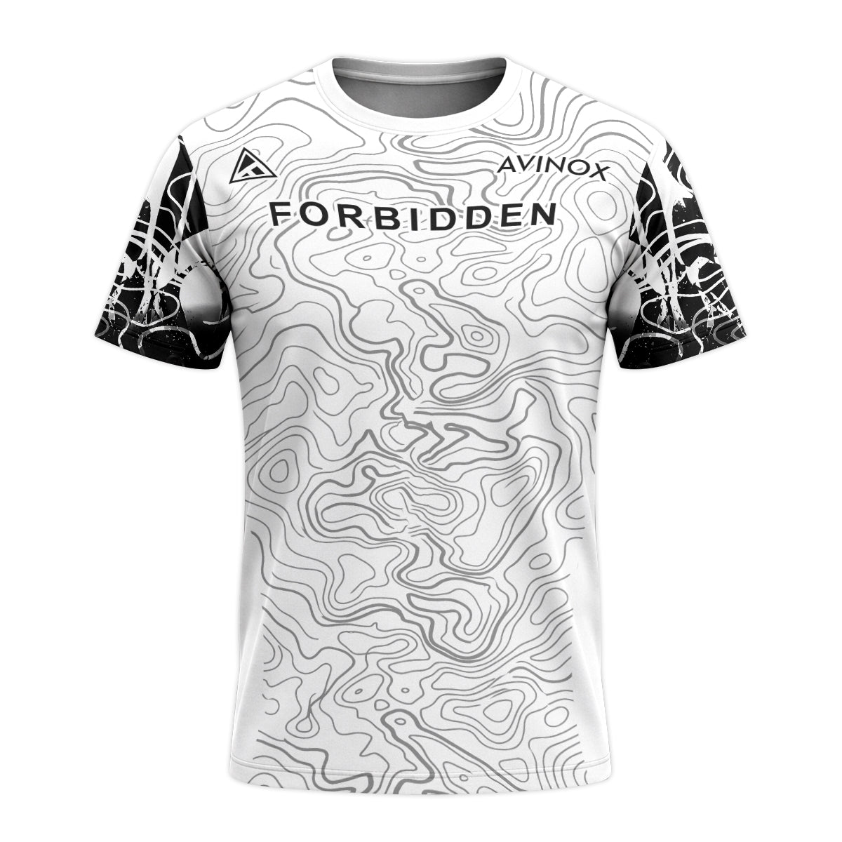 Forbidden White Black Topographic Youth Short Sleeve Mountain Bike Jersey – Front View Mockup
