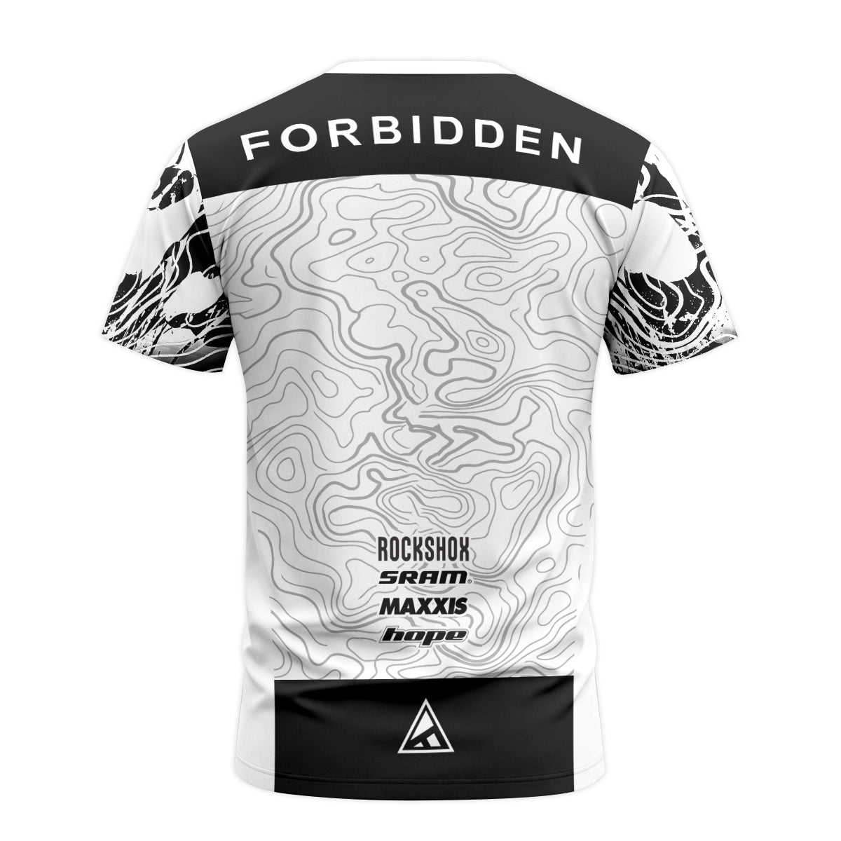 Forbidden White Black Topographic Youth Short Sleeve Mountain Bike Jersey – Back View Mockup