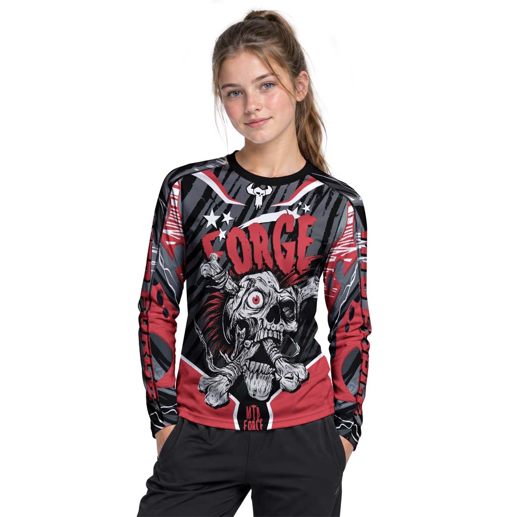 Forge Bone Biter Black & Red Youth Long Sleeve Mountain Bike Jersey – Girl Lifestyle View