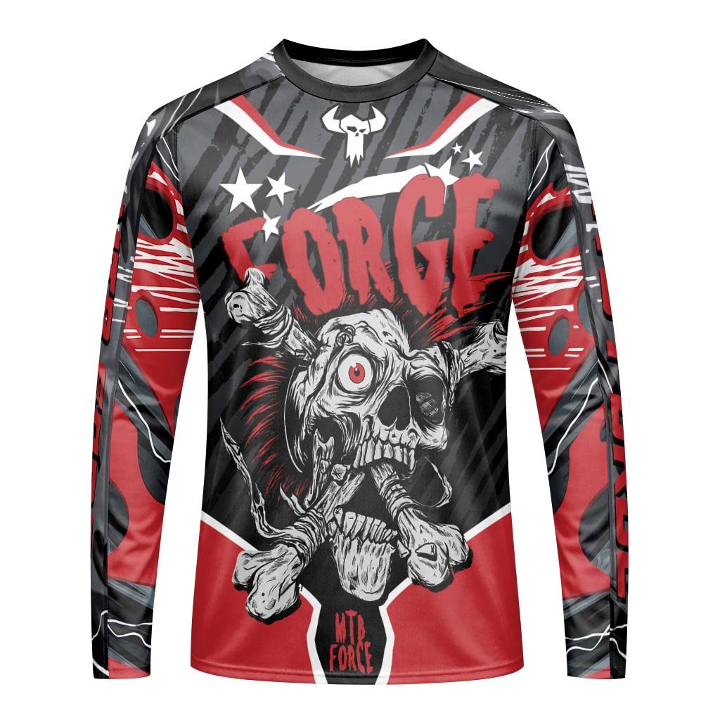 Forge Bone Biter Black & Red Youth Long Sleeve Mountain Bike Jersey – Front View Mockup