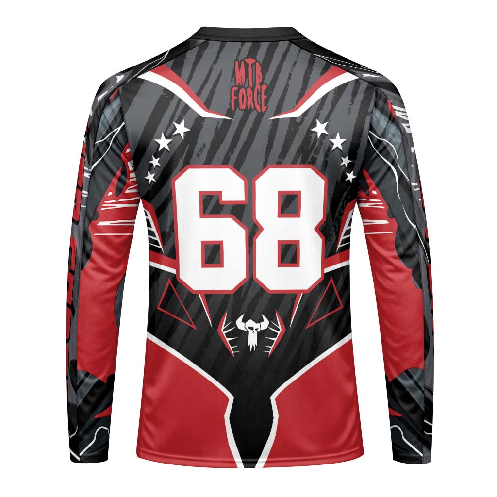 Forge Bone Biter Black & Red Youth Long Sleeve Mountain Bike Jersey – Back View Mockup