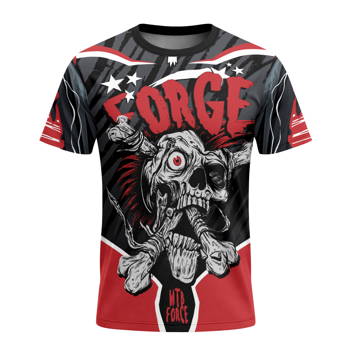 Forge Bone Biter Black & Red Youth Short Sleeve Mountain Bike Jersey – Front View Mockup