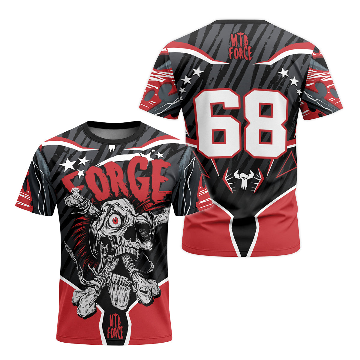 Forge Bone Biter Black & Red Youth Short Sleeve Mountain Bike Jersey – Front and Back View