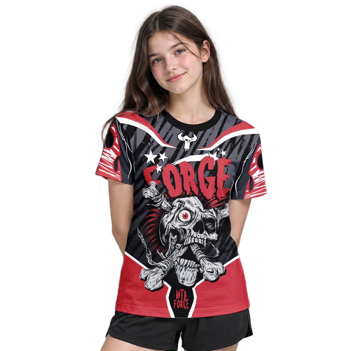 Forge Bone Biter Black & Red Youth Short Sleeve Mountain Bike Jersey – Girl Lifestyle View