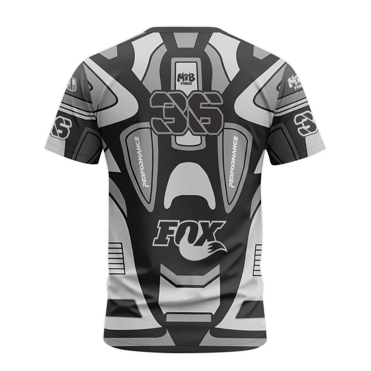 Fox 36 Gray Black Performance Short Sleeve Mountain Bike Jersey - back view mockup
