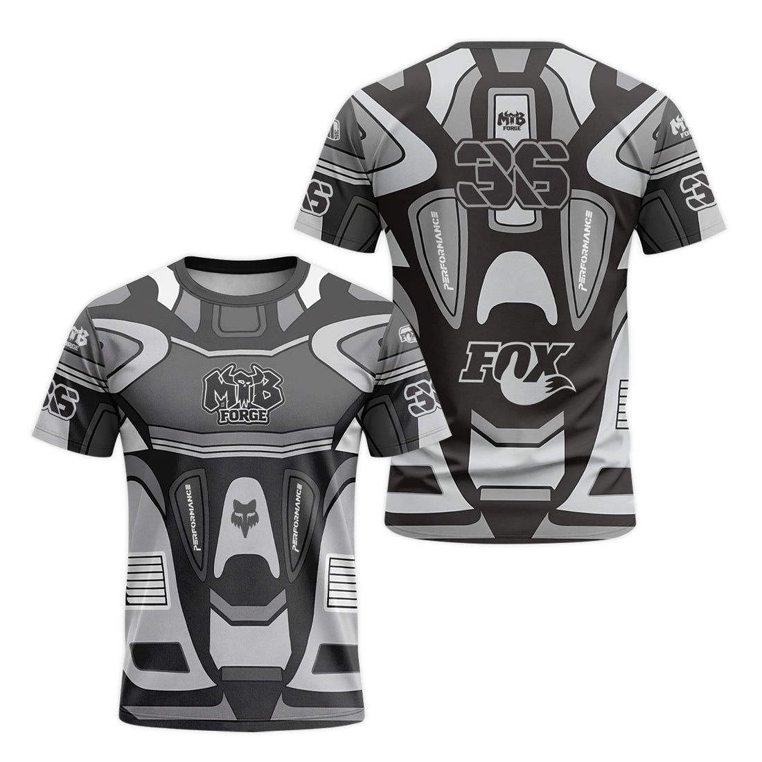 Fox 36 Gray Black Performance Short Sleeve Mountain Bike Jersey - front and back view