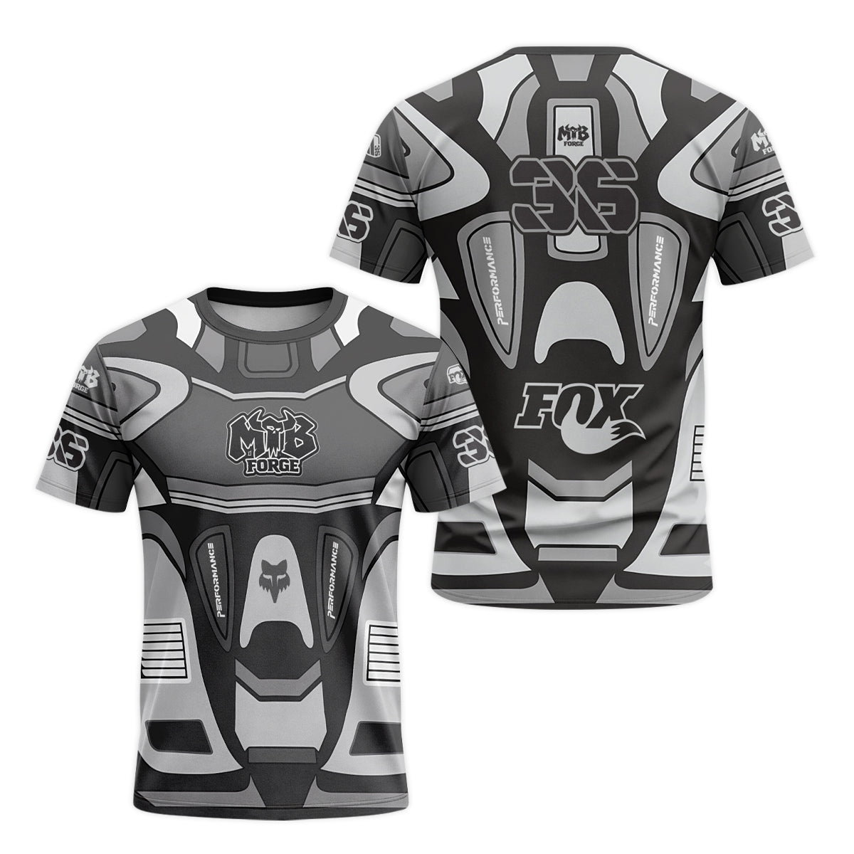 Fox 36 Gray Black Performance Short Sleeve Mountain Bike Jersey - front and back view