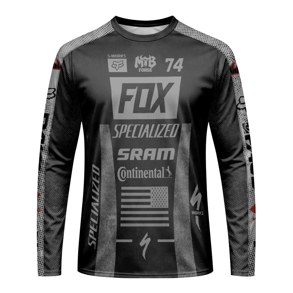 Fox 74 Specialized Black Gray Factory Long Sleeve Mountain Bike Jersey - front view mockup