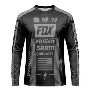 Fox 74 Specialized Black Gray Factory Long Sleeve Mountain Bike Jersey - front view mockup