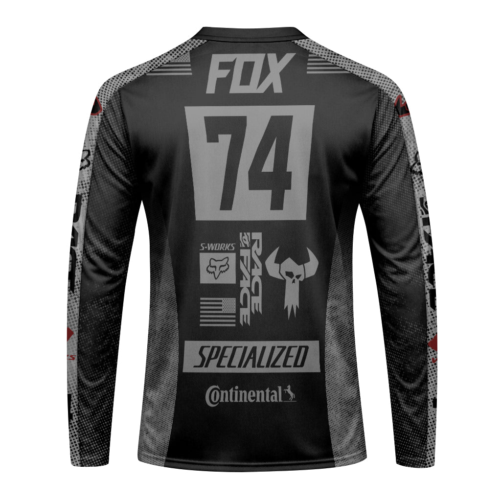 Fox 74 Specialized Black Gray Factory Long Sleeve Mountain Bike Jersey - back view mockup