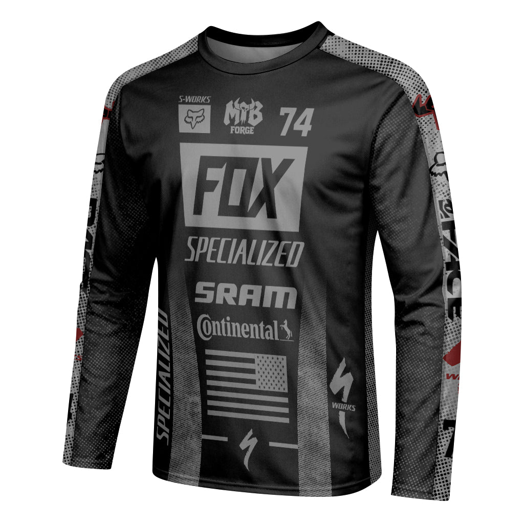 Fox 74 Specialized Black Gray Factory Long Sleeve Mountain Bike Jersey - left side mockup