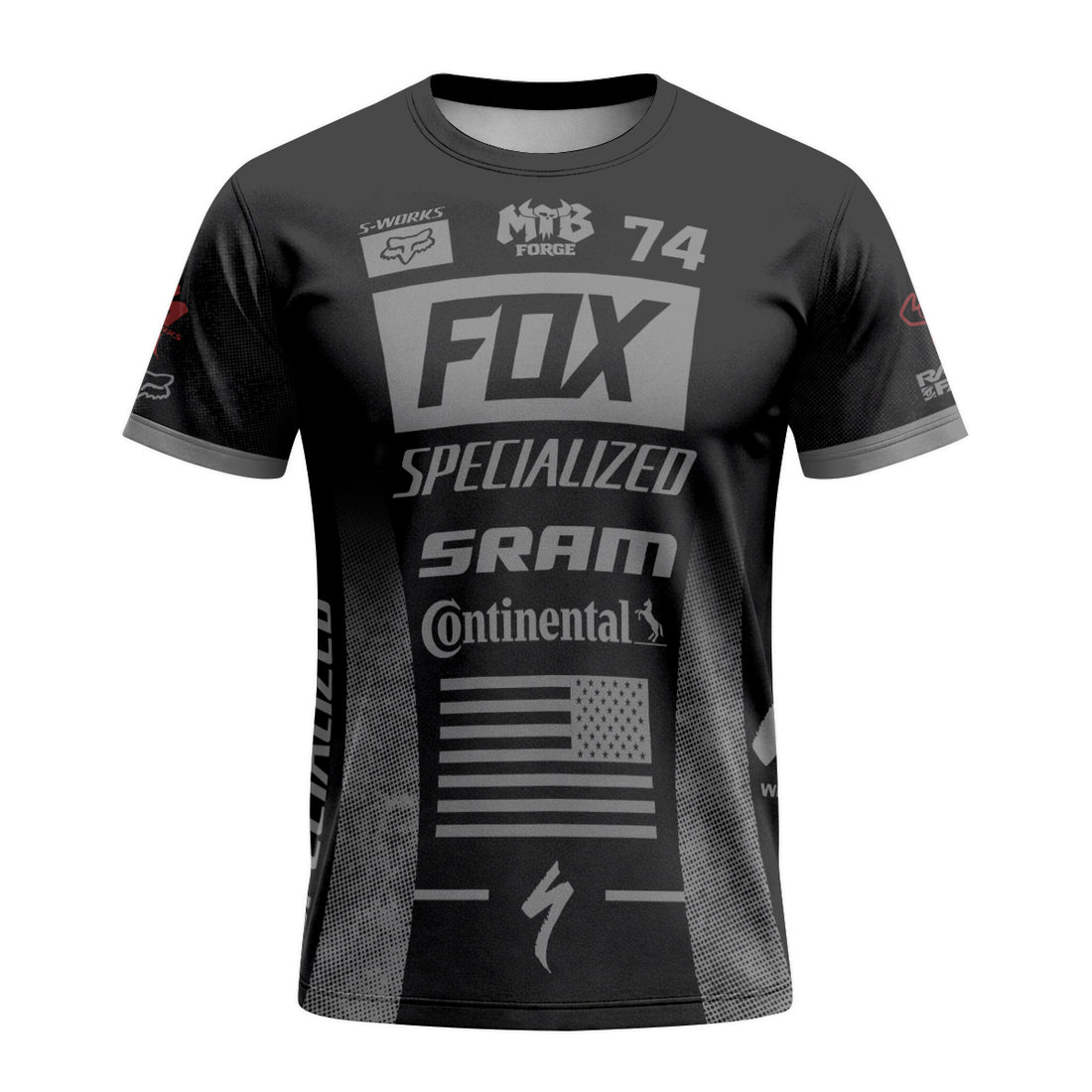 Fox 74 Specialized Black Gray Factory Short Sleeve Mountain Bike Jersey - front and back view