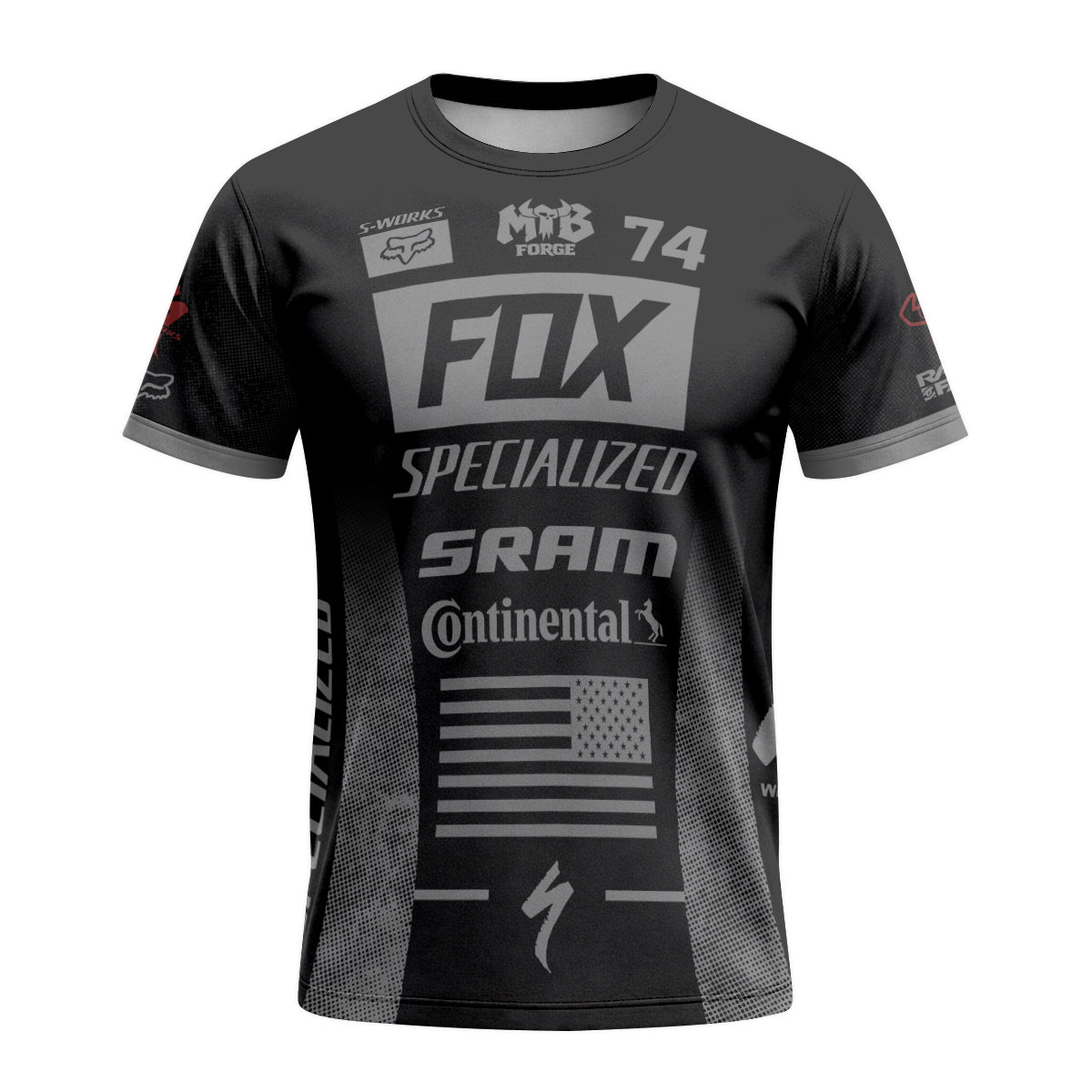 Fox 74 Specialized Black Gray Factory Short Sleeve Mountain Bike Jersey - front view mockup