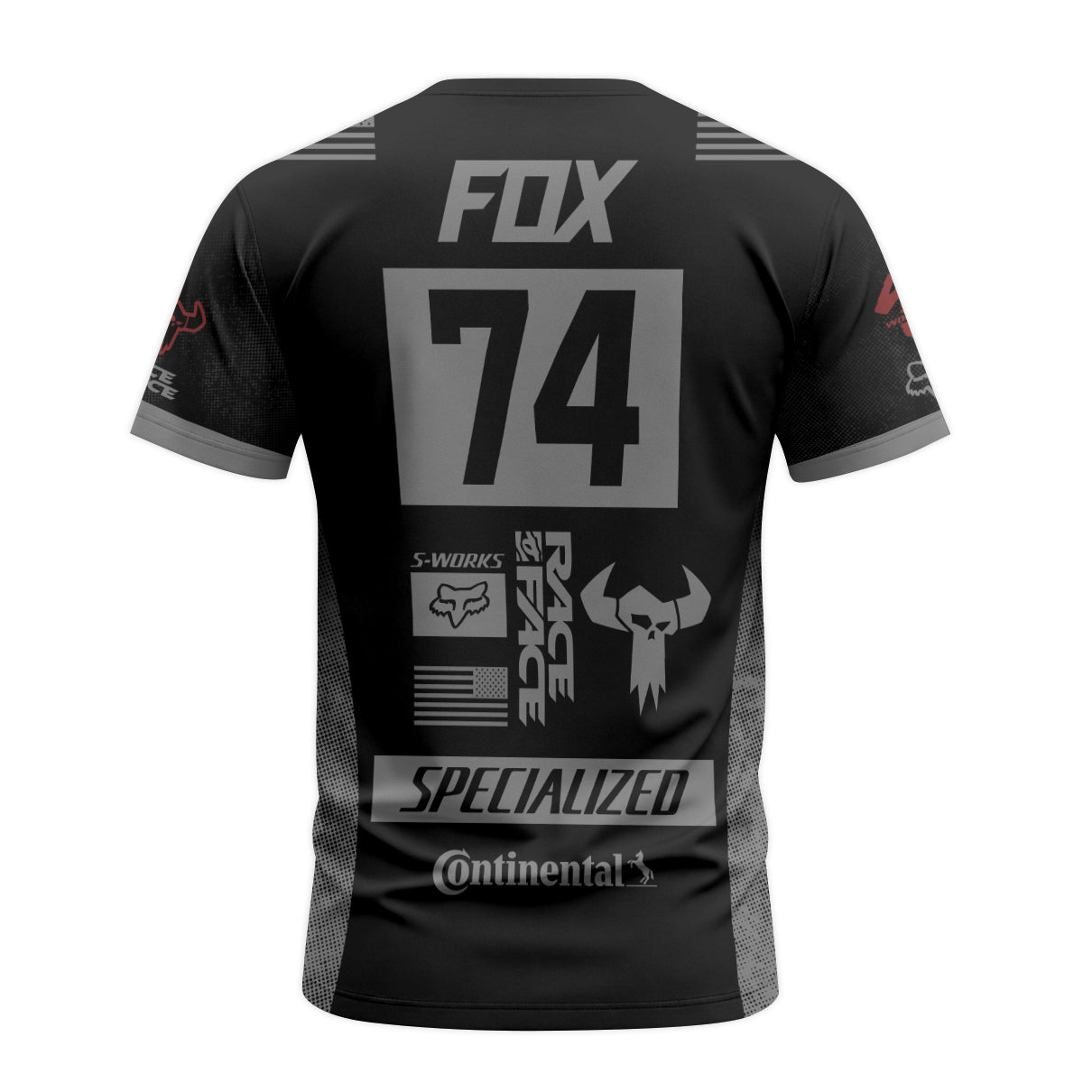 Fox 74 Specialized Black Gray Factory Short Sleeve Mountain Bike Jersey - back view mockup