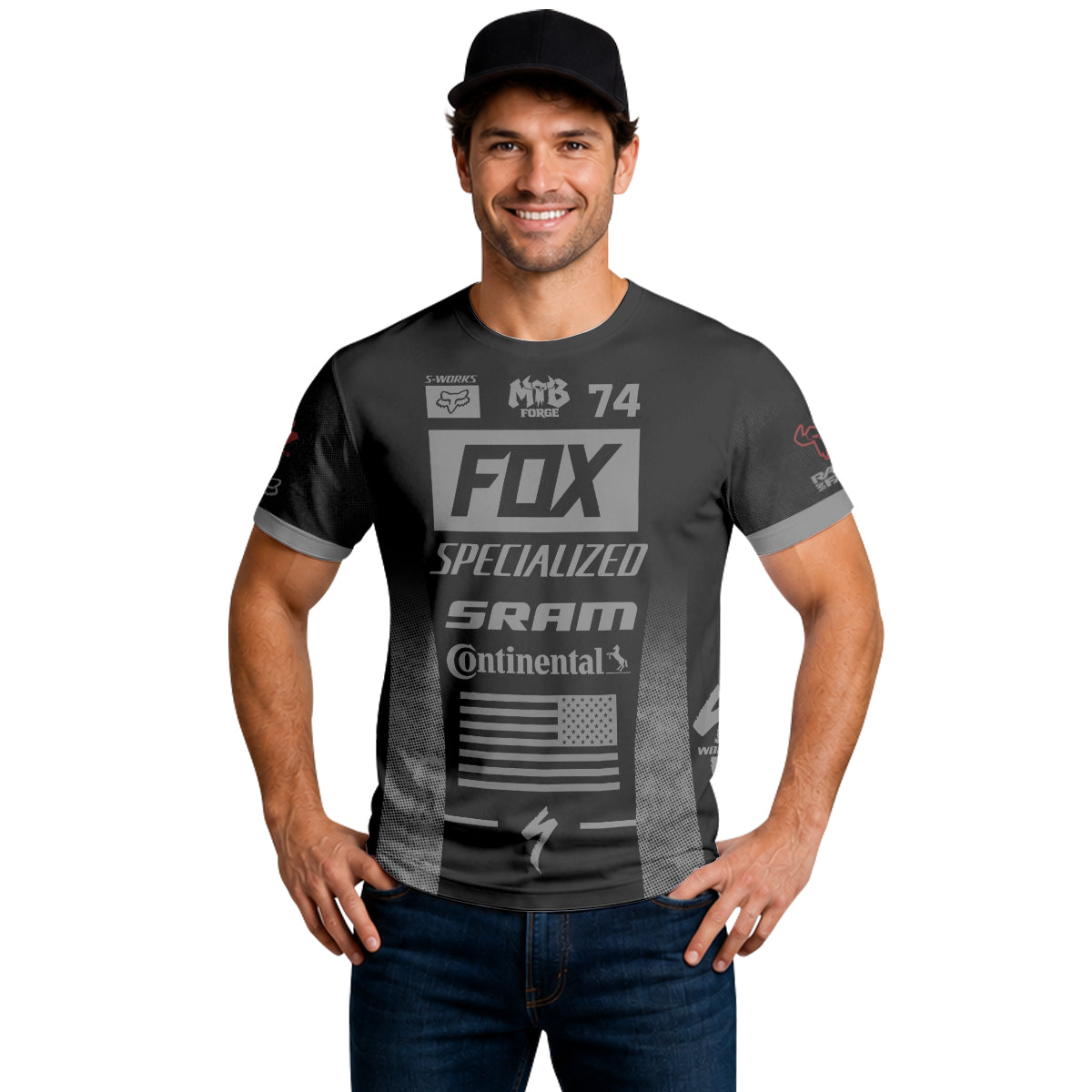 Fox 74 Specialized Black Gray Factory Short Sleeve Mountain Bike Jersey - lifestyle view