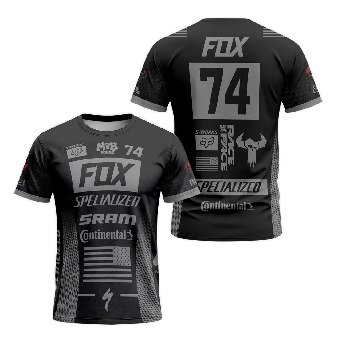 Fox 74 Specialized Black Gray Factory Short Sleeve Mountain Bike Jersey - front and back view