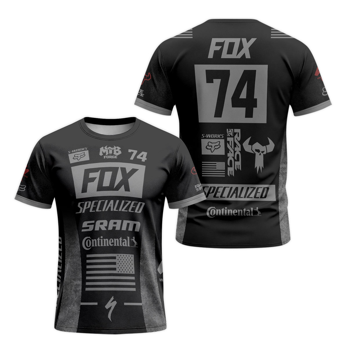 Fox 74 Specialized Black Gray Factory Short Sleeve Mountain Bike Jersey - front and back view