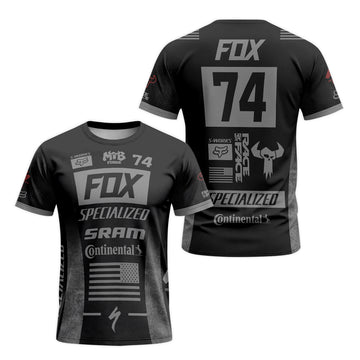 Fox 74 Specialized Black Gray Factory Short Sleeve Mountain Bike Jersey - front and back view