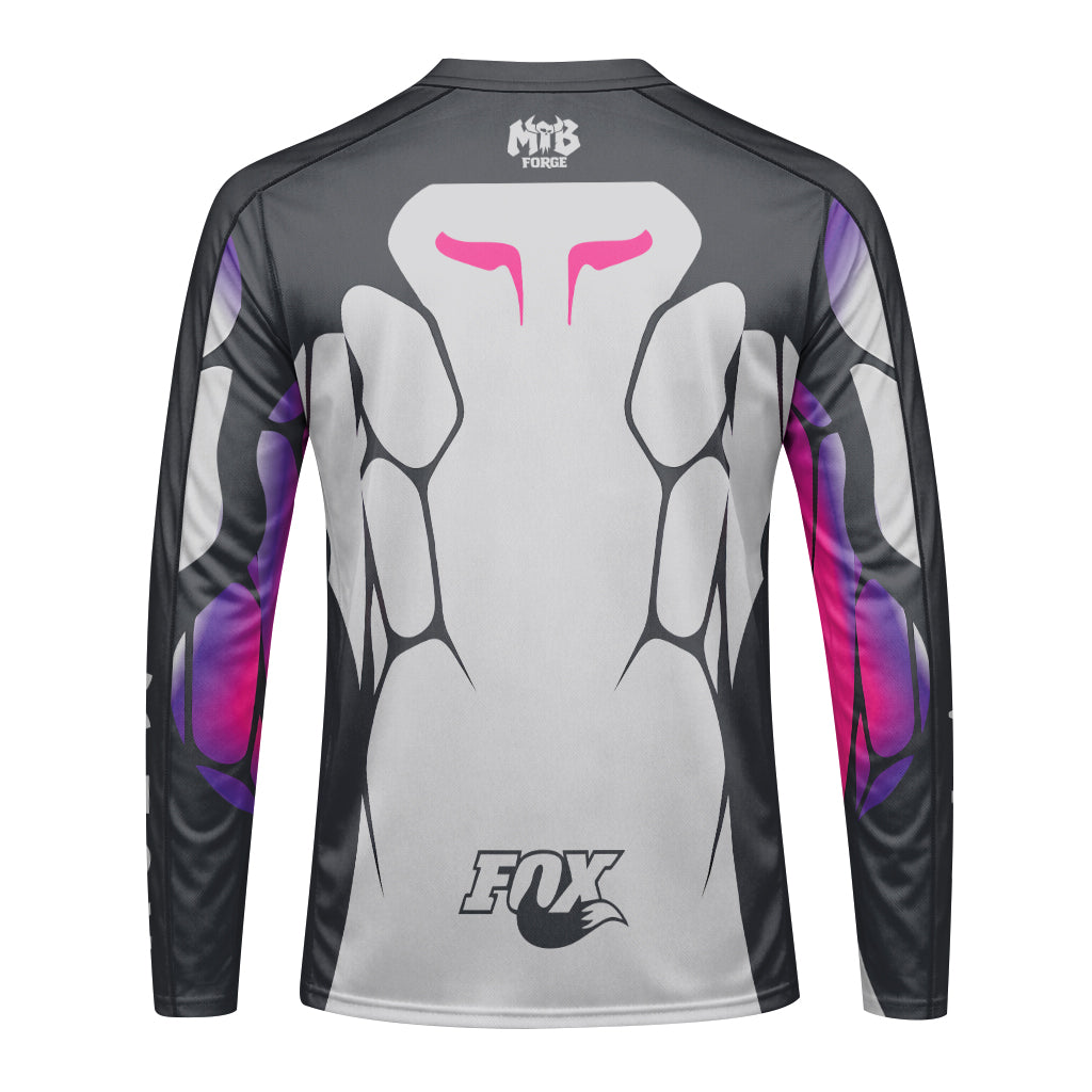 Fox Armor White Purple Long Sleeve Mountain Bike Jersey - front view mockup