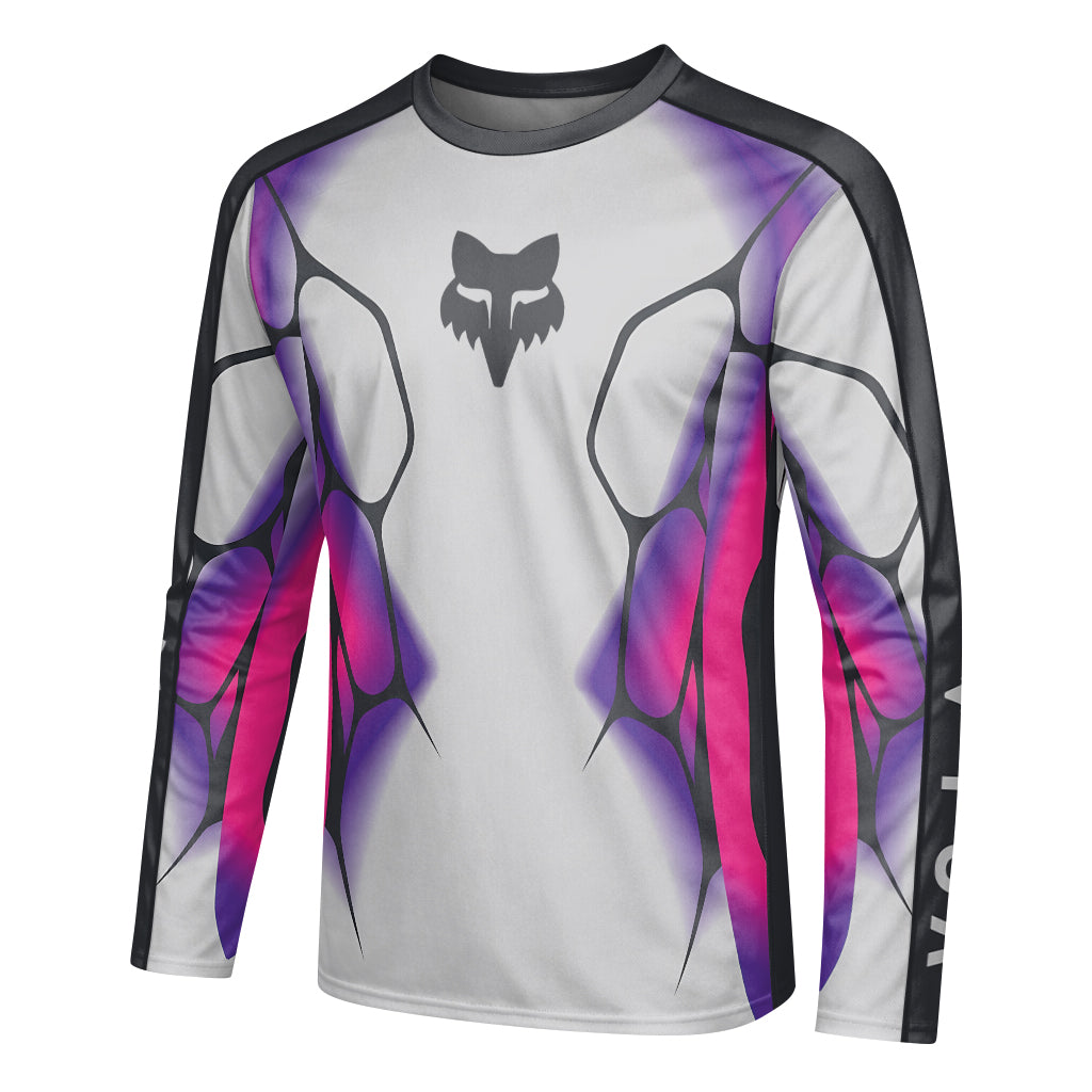 Fox Armor White Purple Long Sleeve Mountain Bike Jersey - left side mockup
