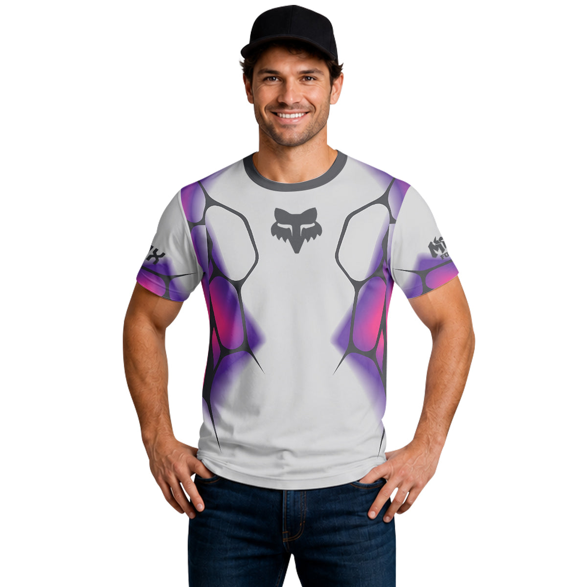 Fox Armor White Purple Short Sleeve Mountain Bike Jersey - lifestyle view