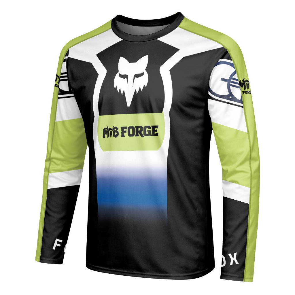 Fox Black White Blue Gradient Long Sleeve Mountain Bike Jersey - left side mockup
