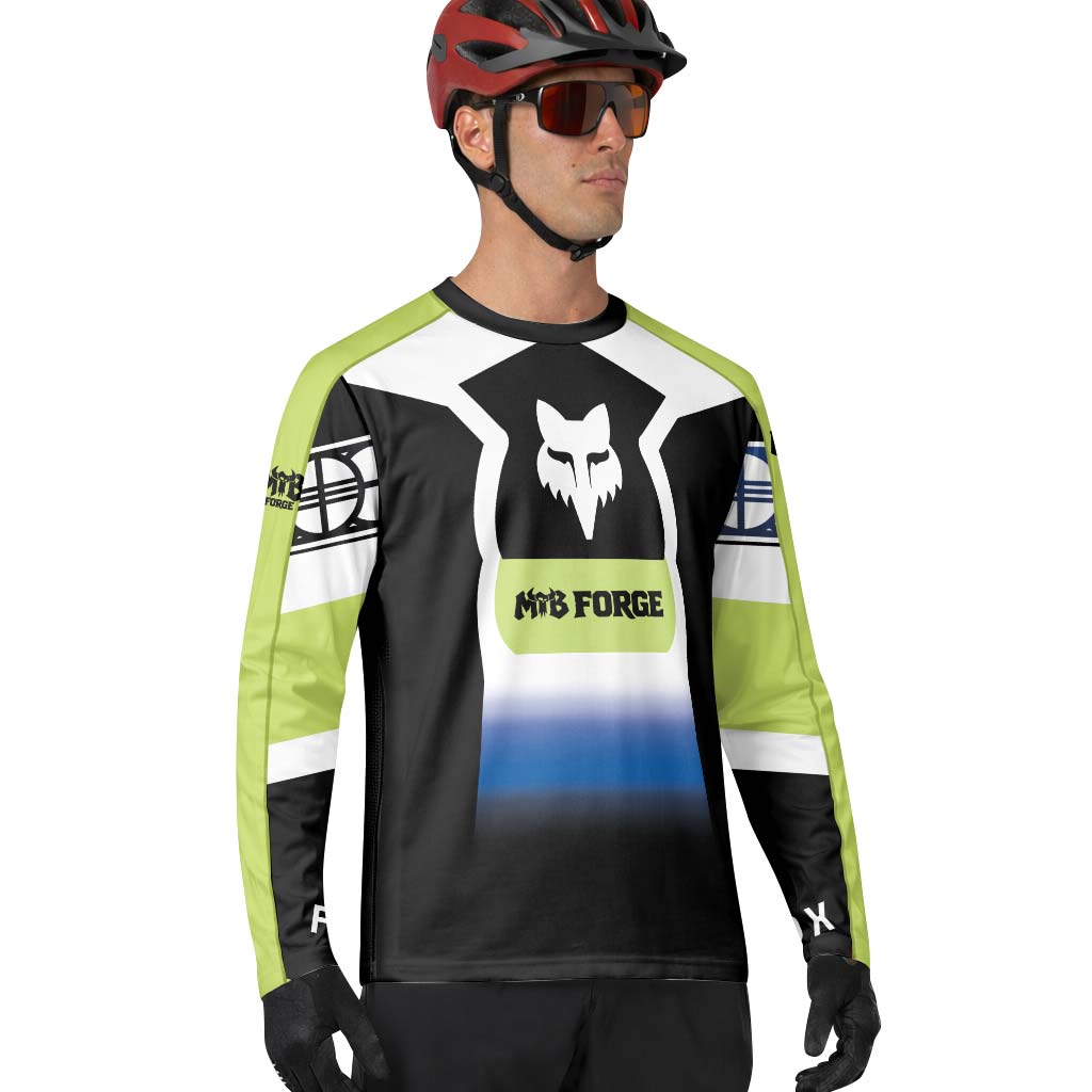 Fox Black White Blue Gradient Long Sleeve Mountain Bike Jersey - lifestyle view