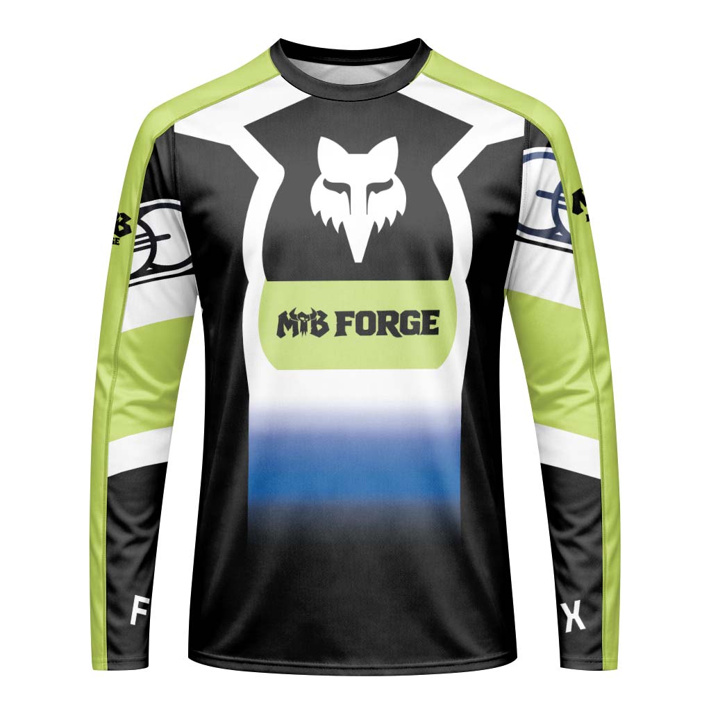 Fox Black White Blue Gradient Long Sleeve Mountain Bike Jersey - front view mockup