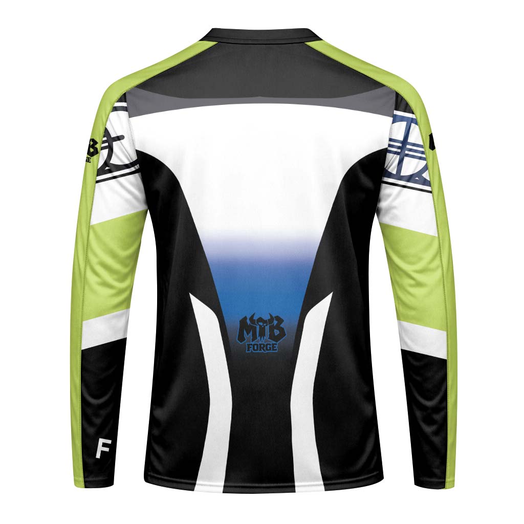 Fox Black White Blue Gradient Long Sleeve Mountain Bike Jersey - back view mockup