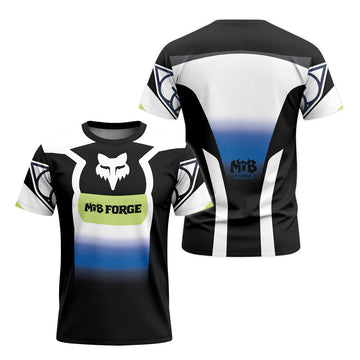 Fox Black White Blue Gradient Short Sleeve Mountain Bike Jersey - front and back view