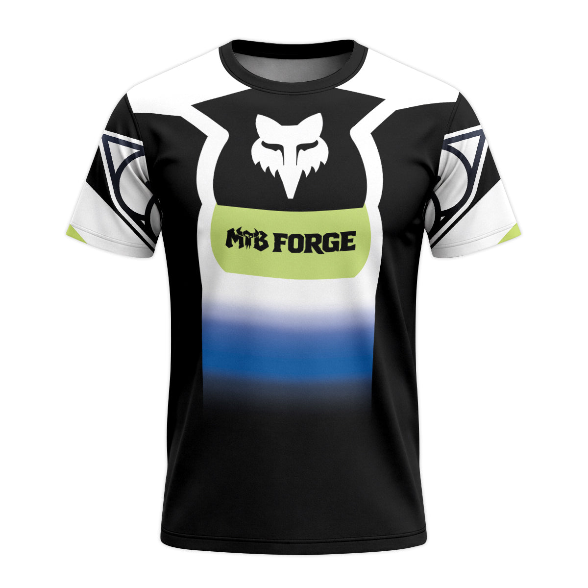 Fox Black White Blue Gradient Short Sleeve Mountain Bike Jersey - front view mockup