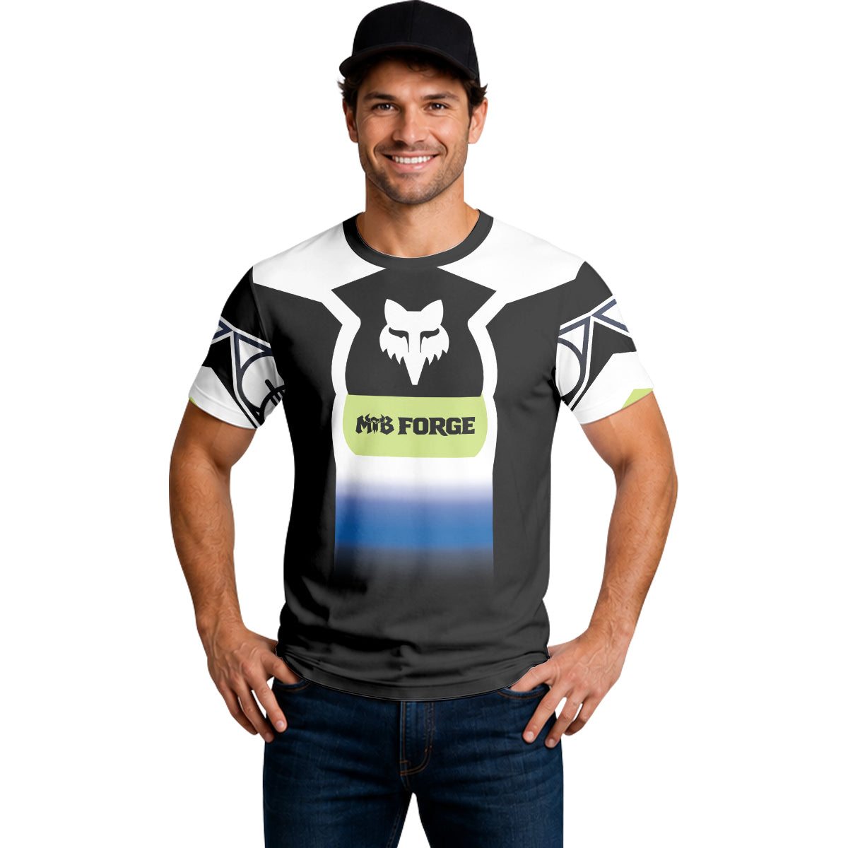 Fox Black White Blue Gradient Short Sleeve Mountain Bike Jersey - lifestyle view
