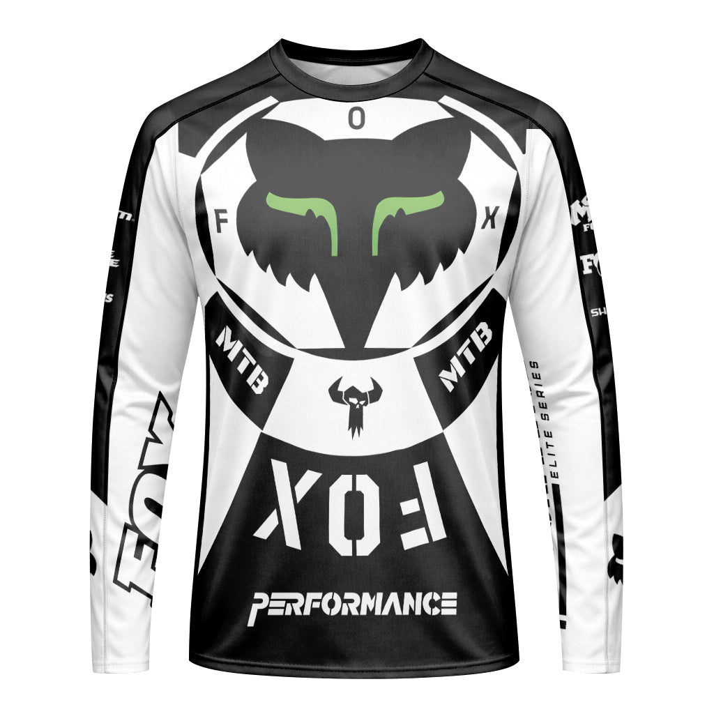 Fox Black White Performance Long Sleeve Mountain Bike Jersey - front view mockup