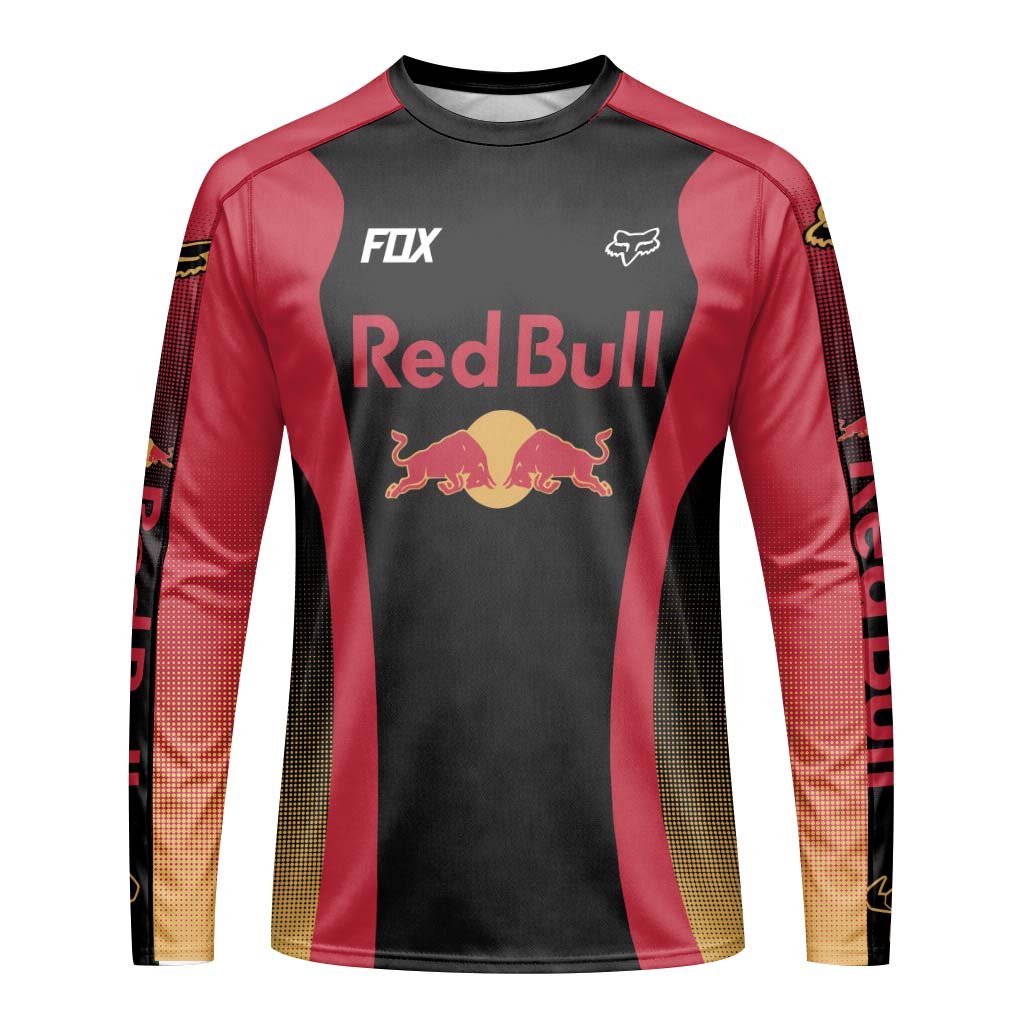 Fox Factory Red Bull Long Sleeve Mountain Bike Jersey - front view mockup