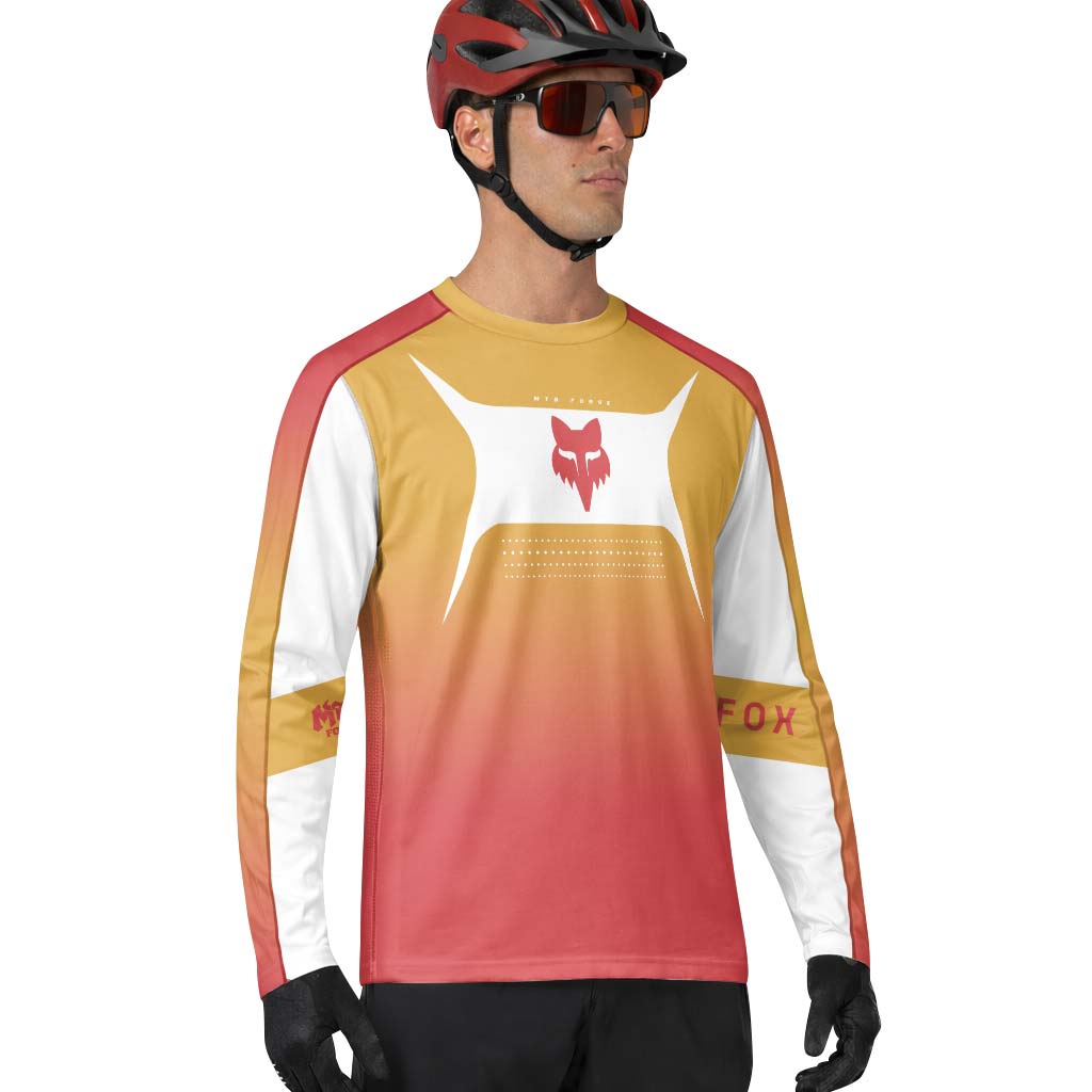 Fox Mustard Red Gradient Long Sleeve Mountain Bike Jersey - lifestyle view