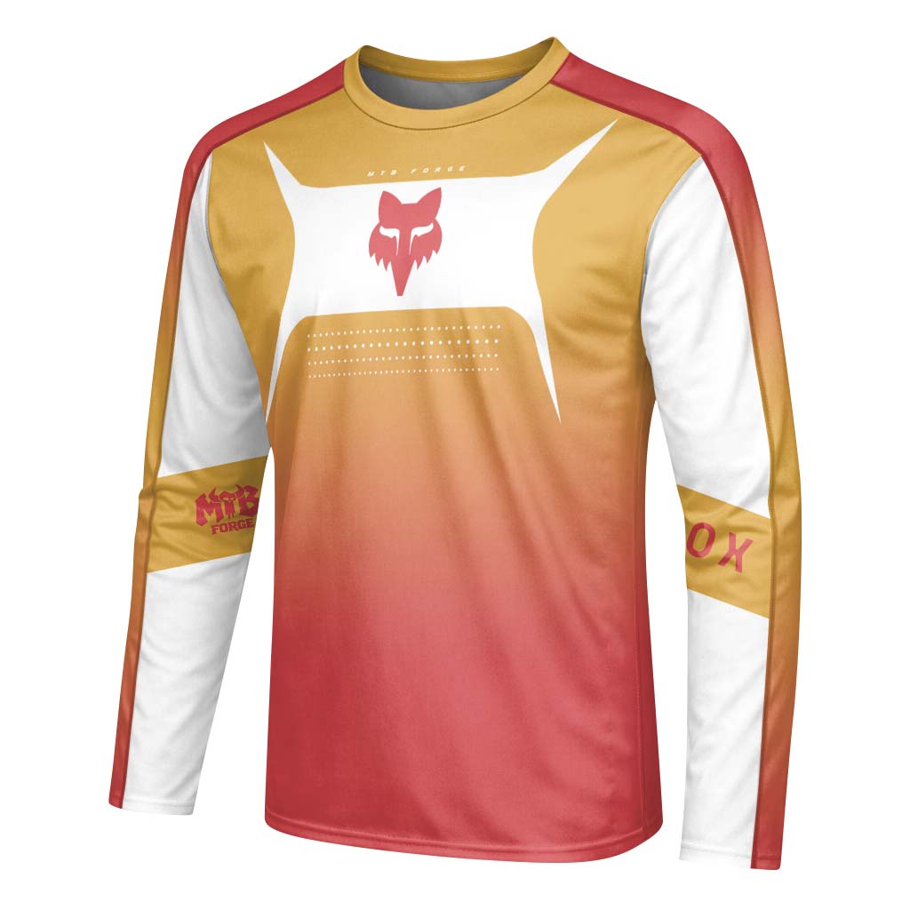 Fox Mustard Red Gradient Long Sleeve Mountain Bike Jersey - left side mockup