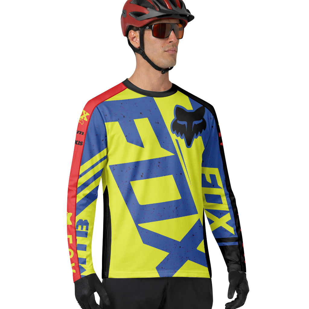 Fox Neon Yellow Blue Red Long Sleeve Mountain Bike Jersey - lifestyle view