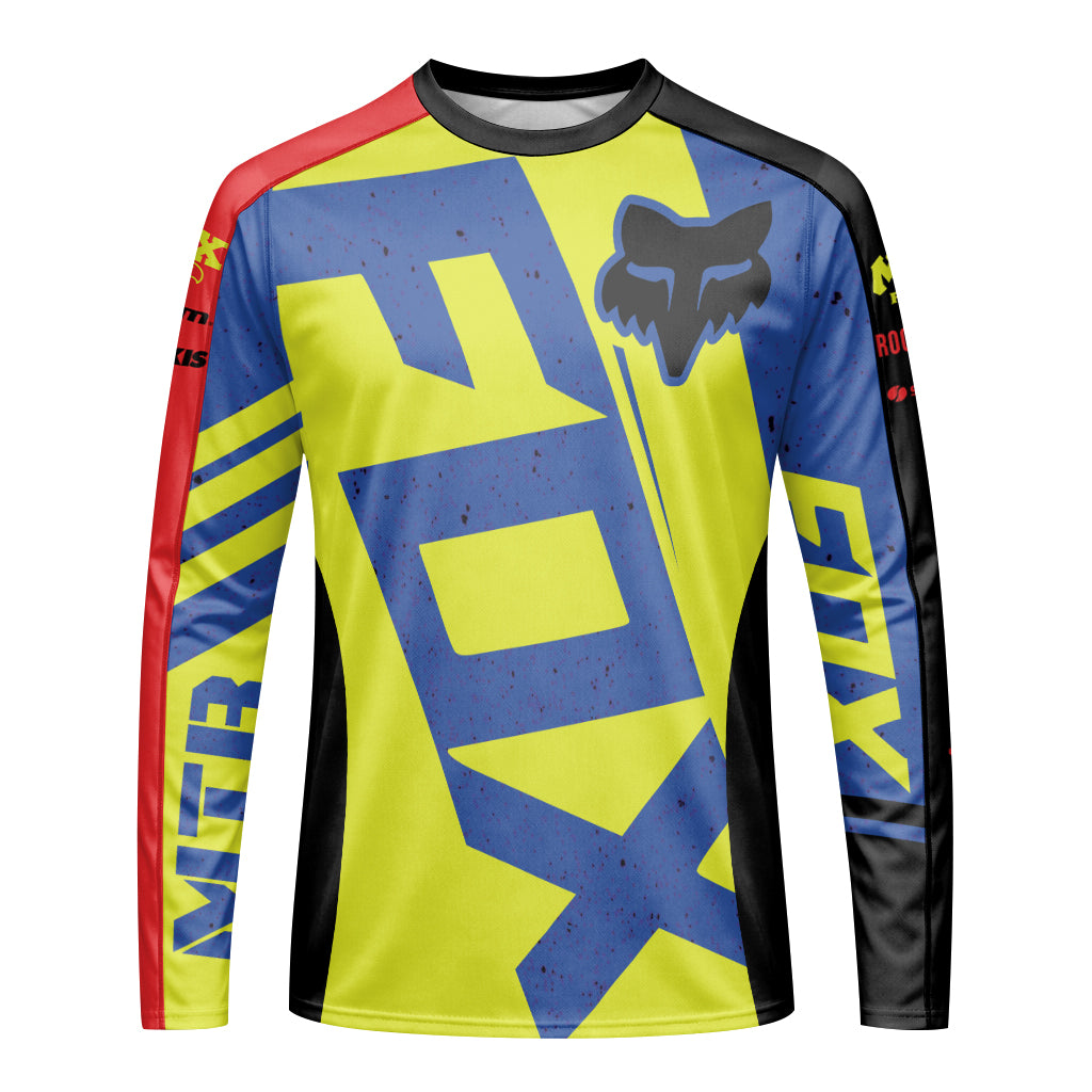 Fox Neon Yellow Blue Red Long Sleeve Mountain Bike Jersey - front view mockup