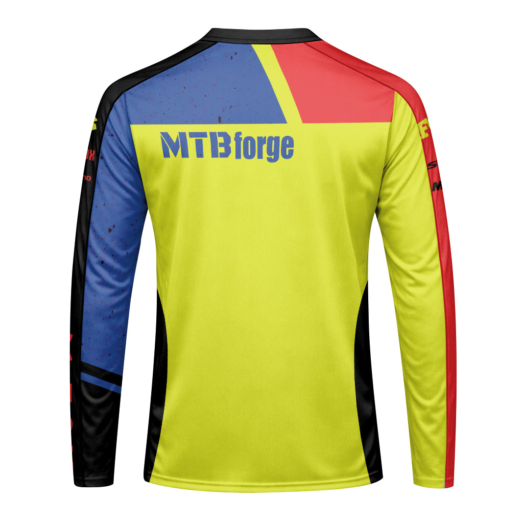 Fox Neon Yellow Blue Red Long Sleeve Mountain Bike Jersey - front view mockup