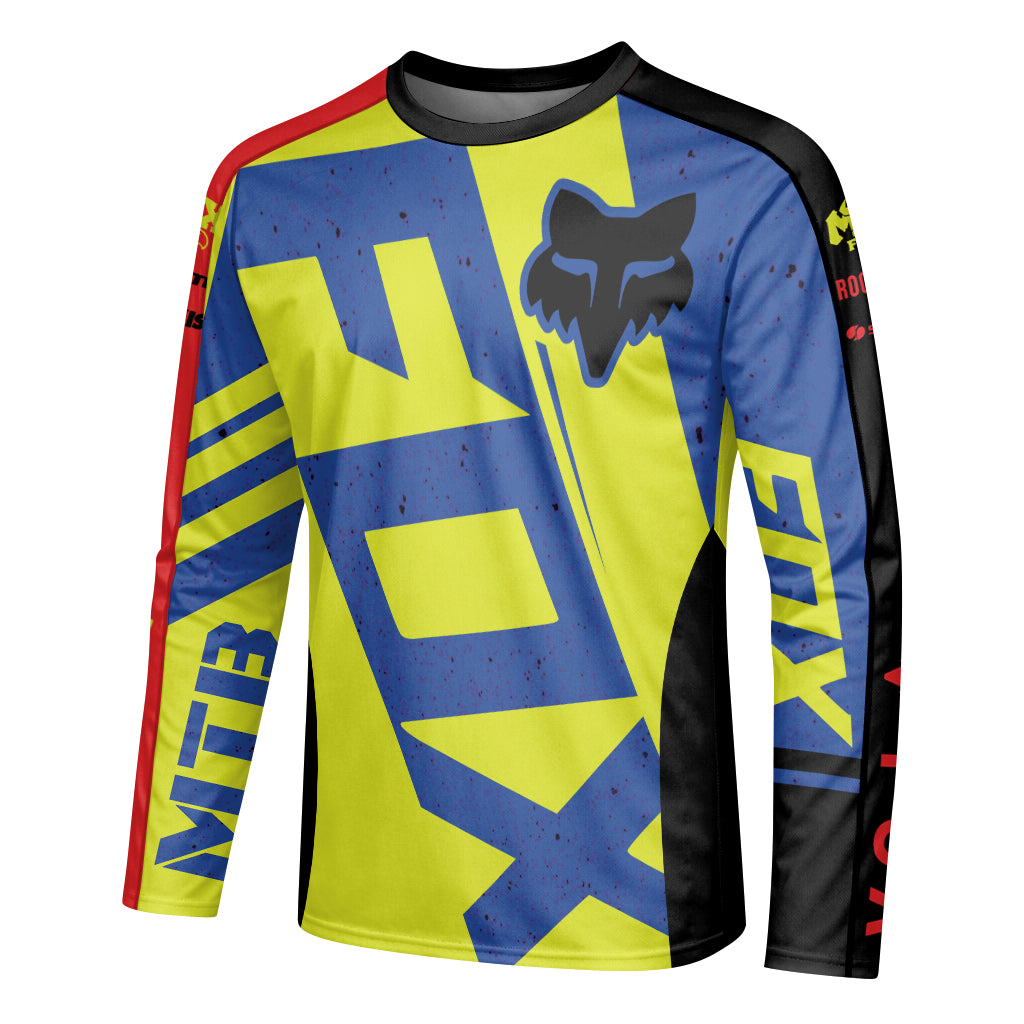 Fox Neon Yellow Blue Red Long Sleeve Mountain Bike Jersey - left side mockup