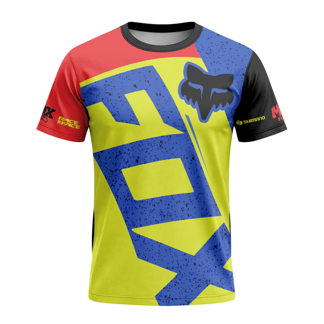Fox Neon Yellow Blue Red Short Sleeve Mountain Bike Jersey - front and back view